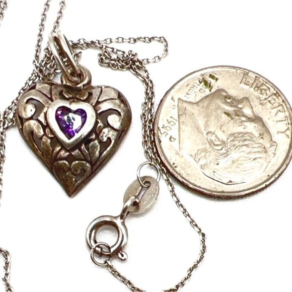 Vintage Sterling Silver Heart Pendant Necklace Purple Stone & Intricate Design - Picture 5 of 11